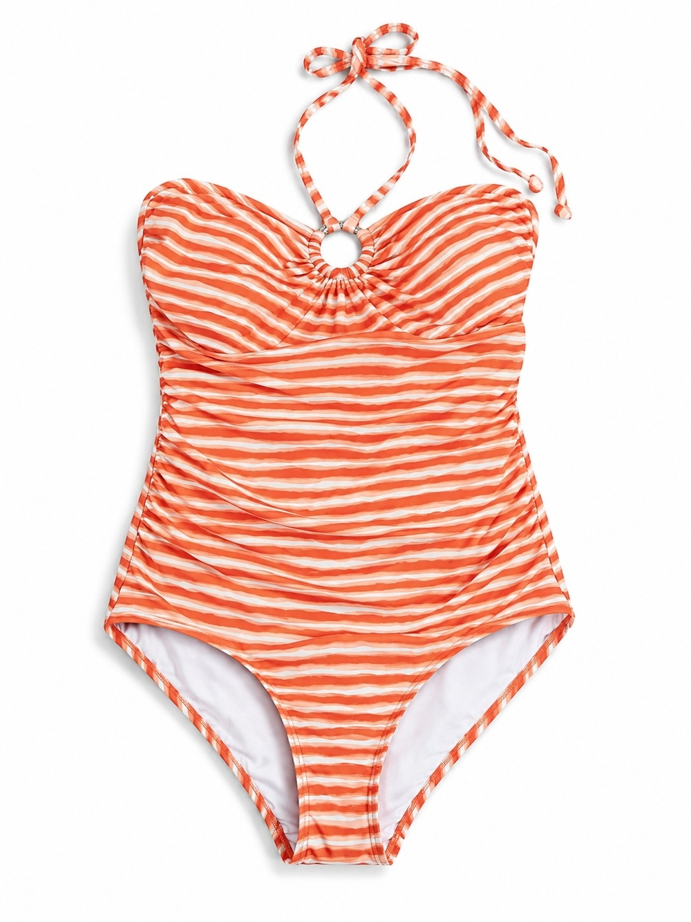 Michael Kors Orange & White Striped Halter One-Piece Swimsuit with Ring Detail